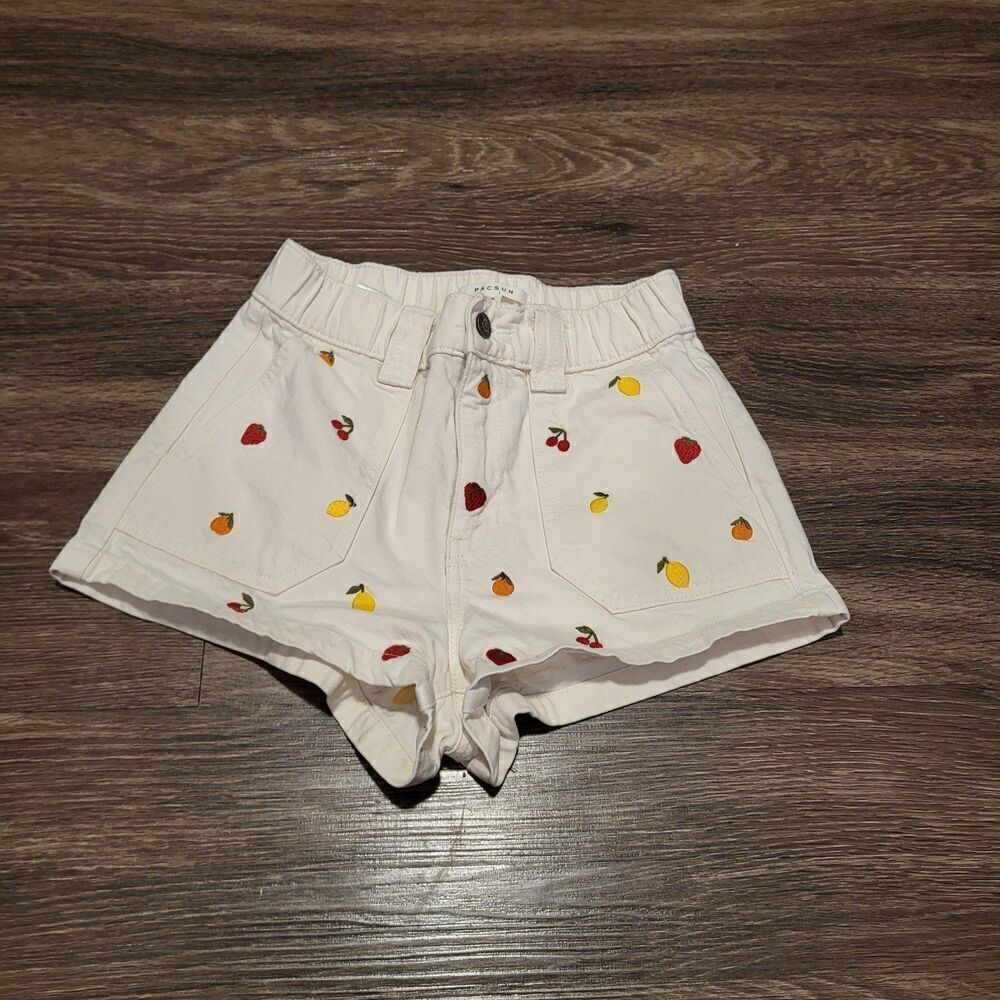 PacSun Rolled Cuff Denim Mom Shorts With Cargo Loop Embroidered Fruit Size XS